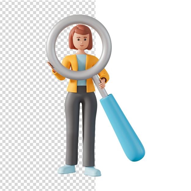 큰 돋보기를 들고 있는 여성의 3d 그림