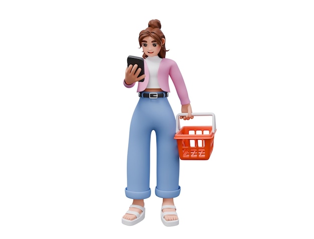 3D-иллюстрация женщины с смартфоном и красной корзиной для покупок