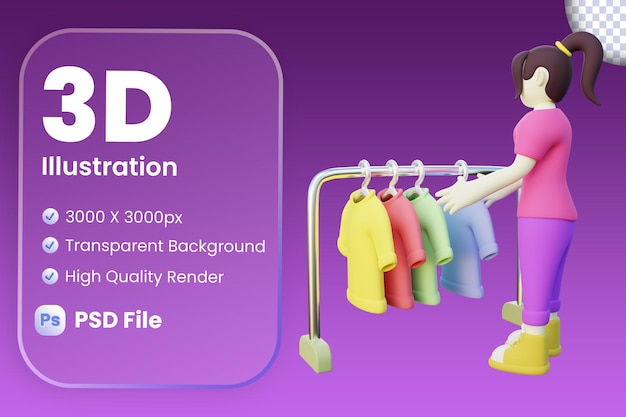 PSD 3d illustration of woman picking a shirt