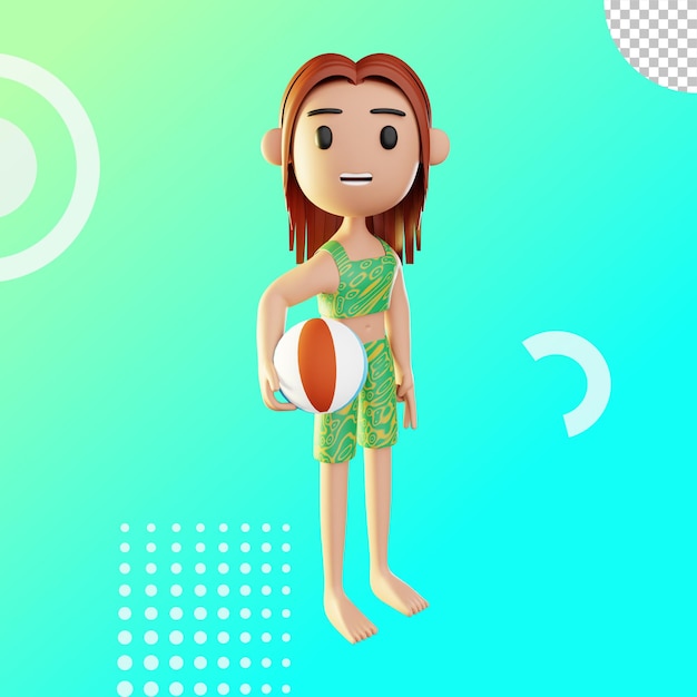 PSD 3d иллюстрация женщина играет в мяч на пляже
