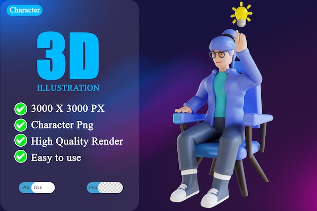 PSD 3d illustration woman sit and get ideas 3