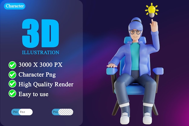 PSD 3d illustration woman sit and get ideas