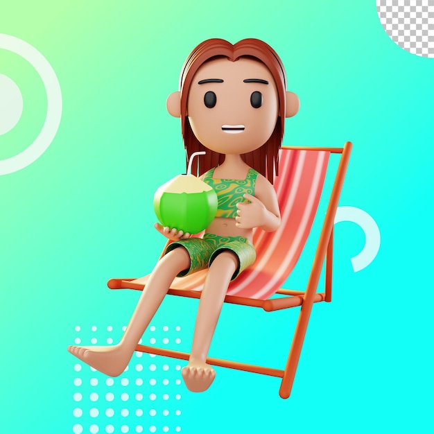 Illustrazione 3d donna seduta rilassata sulla spiaggia che beve acqua di cocco