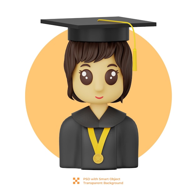 PSD 3d illustration of a woman wearing a graduation cap and gown with a gold medal around her neck