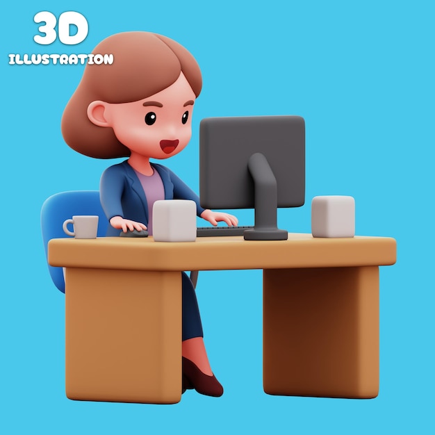 3D Illustration of a woman working in the office