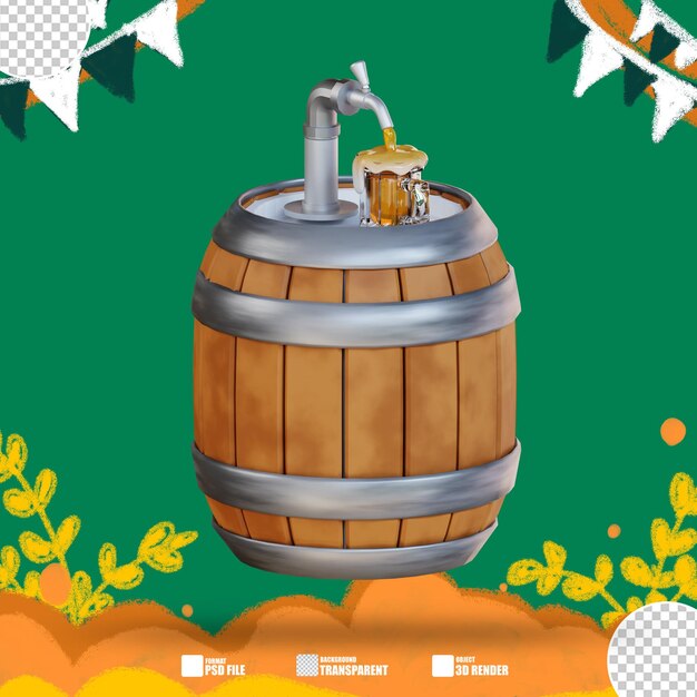 3d illustration wooden barrel with a beer bottle 7