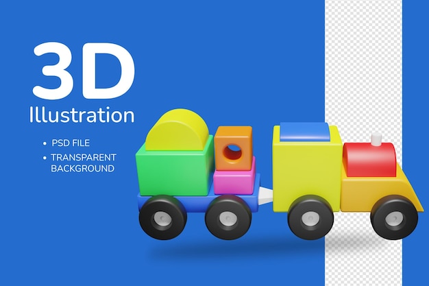 3D illustration of wooden block toy train