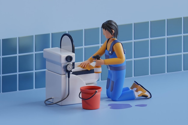 PSD 3d illustration of a worker cleaning a toilet cleaning services are available