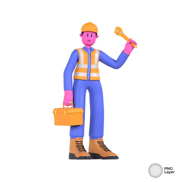 Illustrazione 3d di un lavoratore equipaggiato con strumenti pronti ad affrontare i compiti con abilità ed efficienza