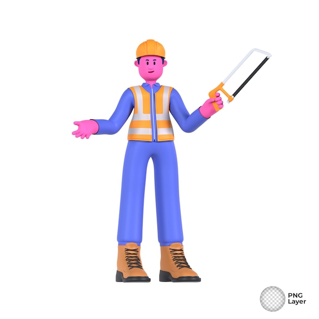3Dイラスト 作業員が電動<unk>を握りその日の精密な切断作業のために準備しています
