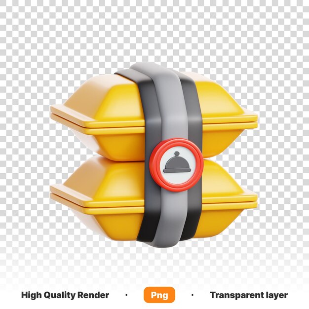 PSD illustrazione 3d di una scatola gialla per la consegna di cibo che trasporta cibo e un'icona di recensione sullo sfondo trasparente