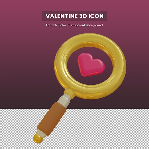 Illustrazione 3d di lente di ingrandimento gialla con cuore rosa per il giorno di san valentino