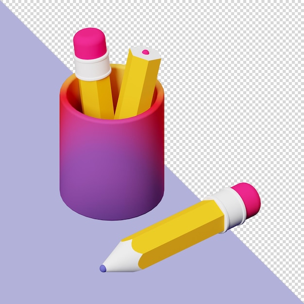 ランディング ページまたはソーシャル メディア用のピンクの消しゴムが付いた黄色の鉛筆の 3 d イラストレーション