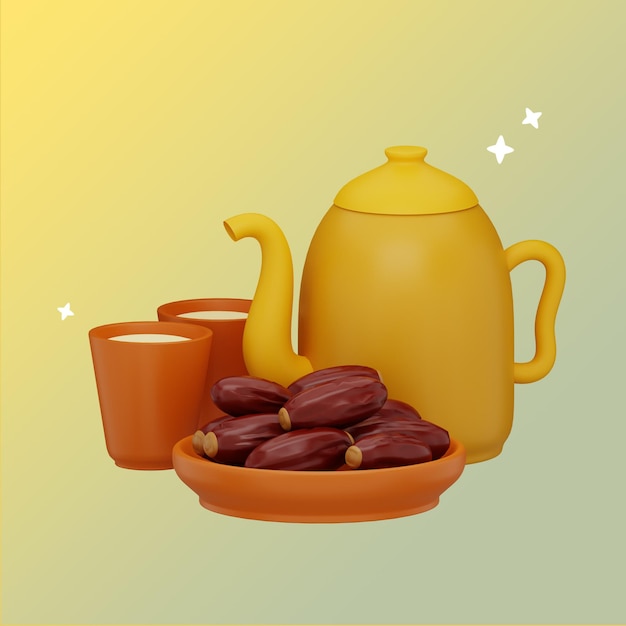 PSD 3d illustration of a yellow teapot and dates fruit