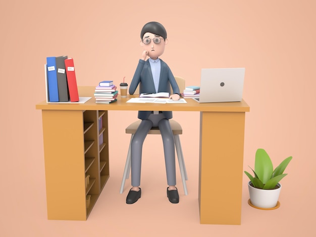 PSD 3d illustration young businessman working on desk with laptop at office