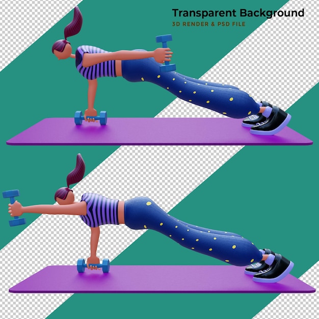 Illustrazione 3d. personaggio dei cartoni animati della ragazza. concetto di sport, yoga e fitness. ragazza che fa esercizio con manubri.