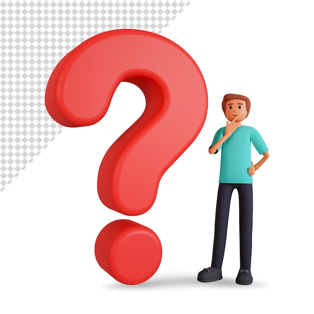 3D illustration of young man looking at big question mark