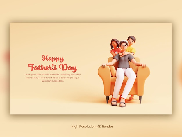 행복한 아버지의 날 행사 축하 디자인을 위해 딸과 아들과 함께 소파에 앉아 있는 젊은 남자의 3D 그림