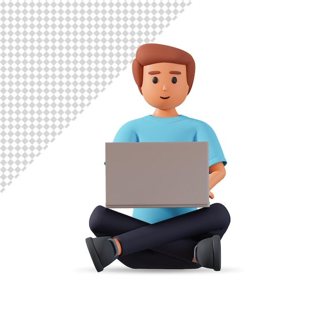 3D illustration of young man with laptop sitting on the floor in lotus position