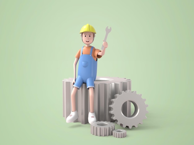 3d illustration young mechanic wearing a yellow helmet