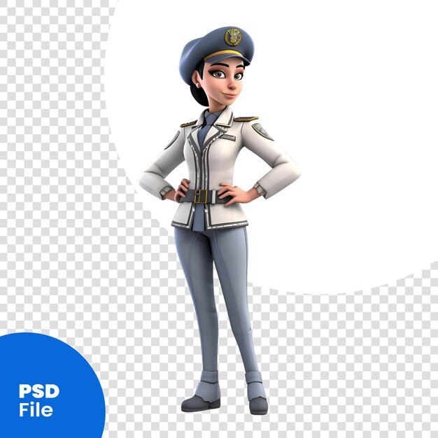Illustrazione 3d di una giovane poliziotta con cappello e uniforme che posa per il modello psd