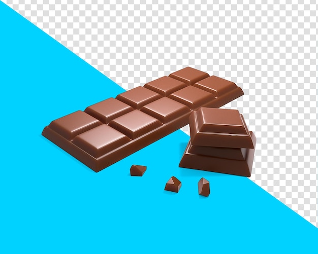 3d illustration of yummy chocolate pieces and bar on white background