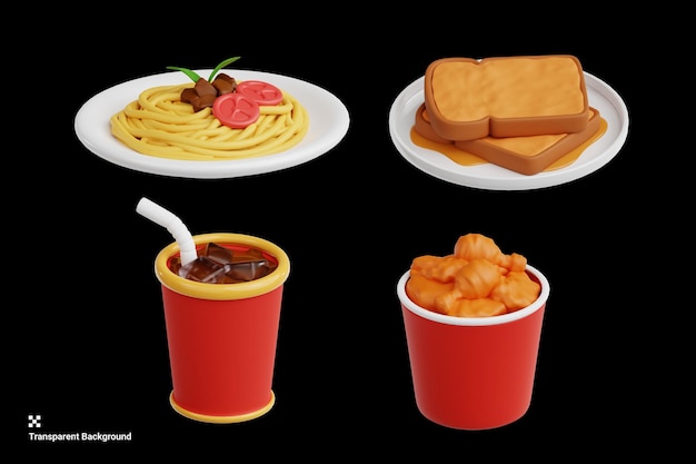 3D-иллюстрации спагетти, тоста, соды, жареной курицы