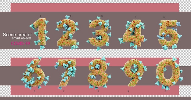 3D illustrations of various numbers and letters with COVID-19