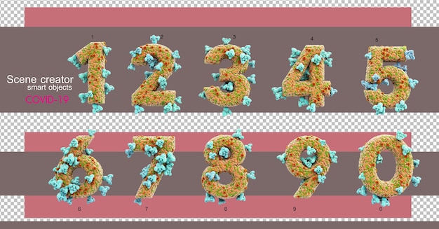 PSD 3d illustrations of various numbers and letters with covid-19