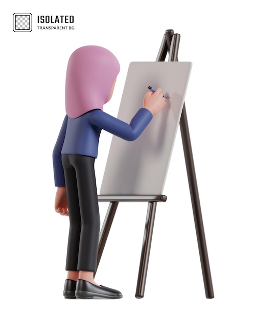 3d Ilustracja Bizneswoman Z Kreskówką W Hidżabie Pisząca Na Tablicy Prezentacyjnej