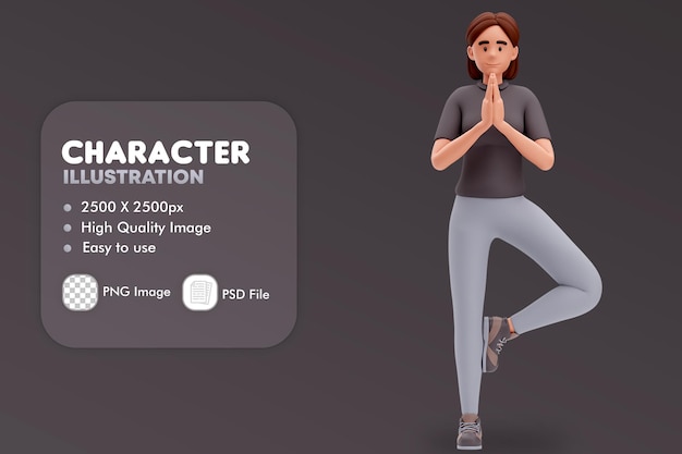 3D Ilustracja Cartoon Girl Zrób złożony lub Namaste gest ręki i podniesioną prawą nogę