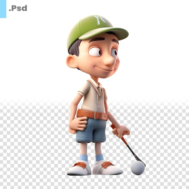 PSD 3d ilustracja chłopca z kijem golfowym izolowany na białym tle szablon psd