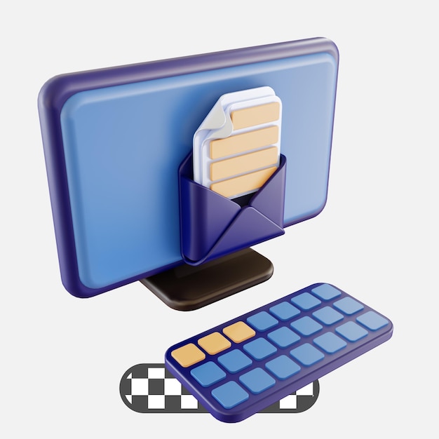 PSD 3d ilustracja czat pisanie wiadomości e-mail za pomocą komputera w kolorze niebieskim i brązowym