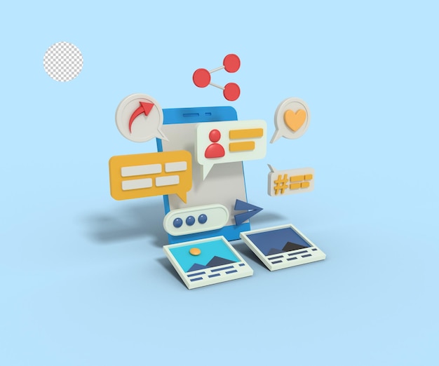 3d ilustracja czatu w mediach społecznościowych i udostępniania przez telefon