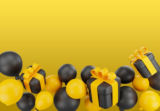 3d ilustracja do sprzedaży w czarny piątek z balonami i prezentami