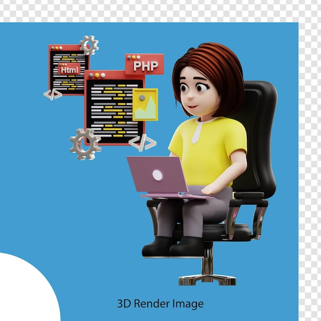 3D ilustracja dziewczyna studentka uczy się programowania