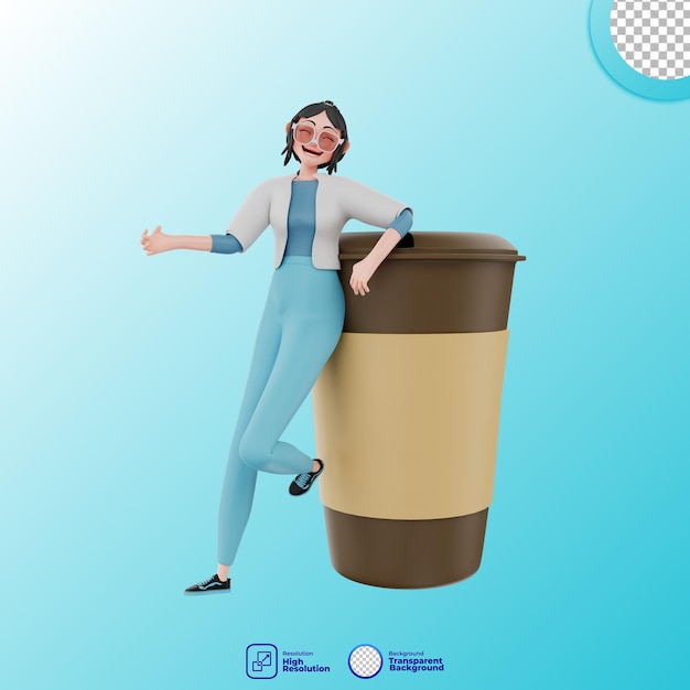 PSD 3d ilustracja dziewczyny z filiżanką kawy