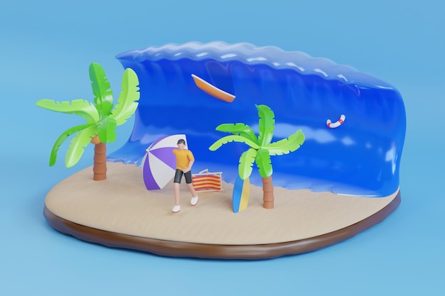 PSD 3d ilustracja fali tsunami na tropikalnej plaży duża fala tsunami klęska żywiołowa tsunami