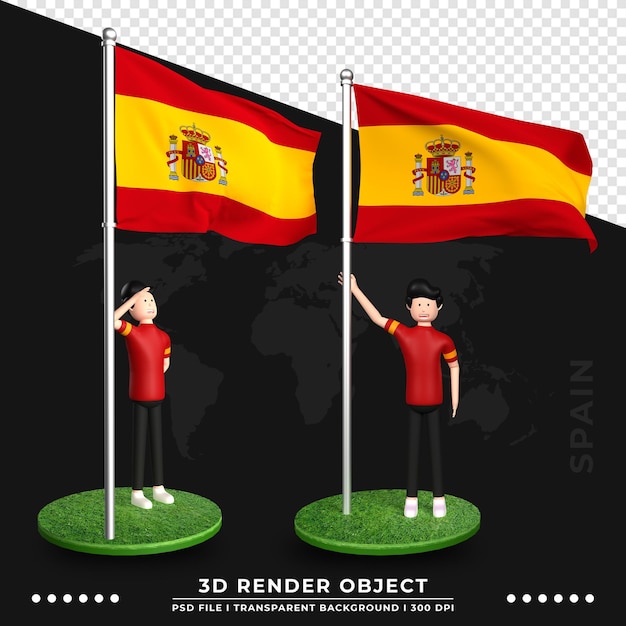 PSD 3d ilustracja flaga hiszpanii z postaciami z kreskówek śliczni ludzie. renderowania 3d.