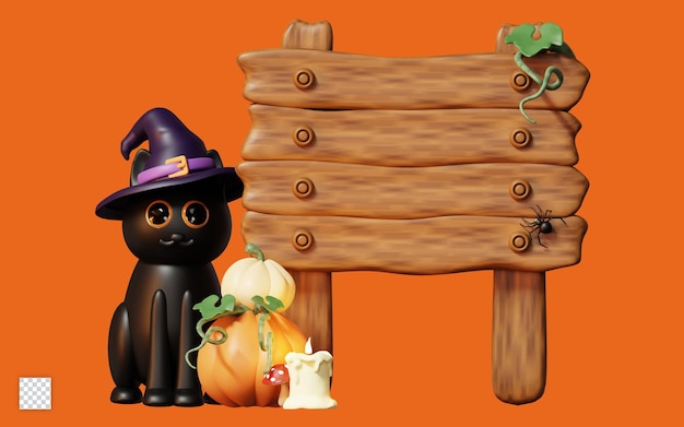 PSD 3d ilustracja happy halloween z czarnym kotem