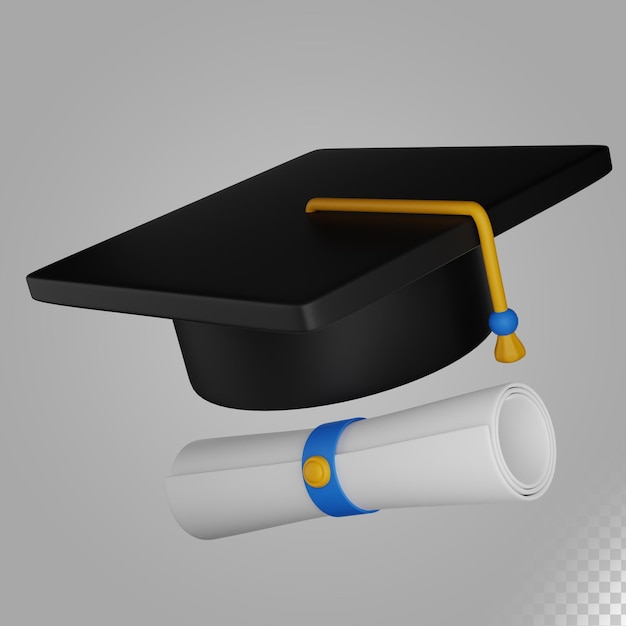 PSD 3d ilustracja kapelusz ukończenia szkoły i certyfikat