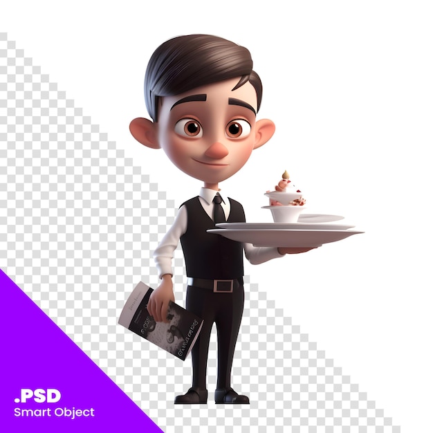 PSD 3d ilustracja kelnera z ciastem i szablonem menu psd