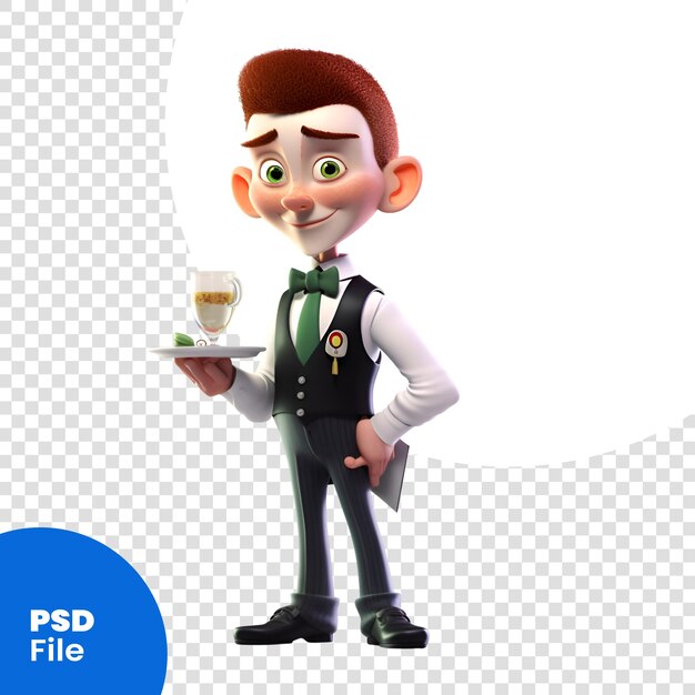 PSD 3d ilustracja kelnera z tacą i filiżanką kawy szablon psd