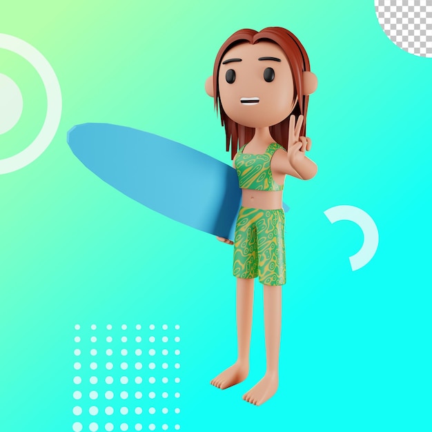 PSD 3d ilustracja kobieta grająca w surfing z deską surfingową