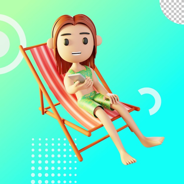3d ilustracja kobieta siedząca zrelaksowana na plaży grająca na smartfonie