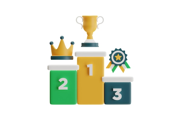 3D ilustracja kolorowego podium z trofeum i ikoną nagrody