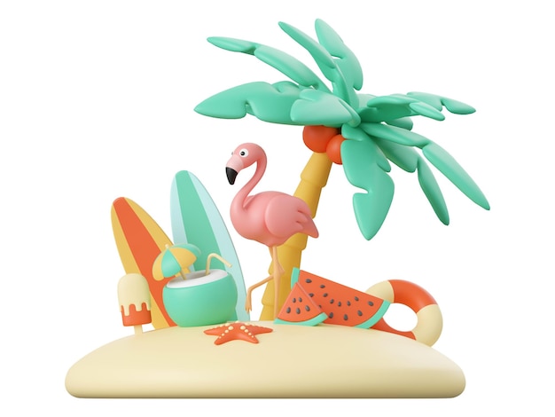 3d ilustracja koncepcji letniej Flamingo palmowa deska surfingowa pierścień pływacki i sok