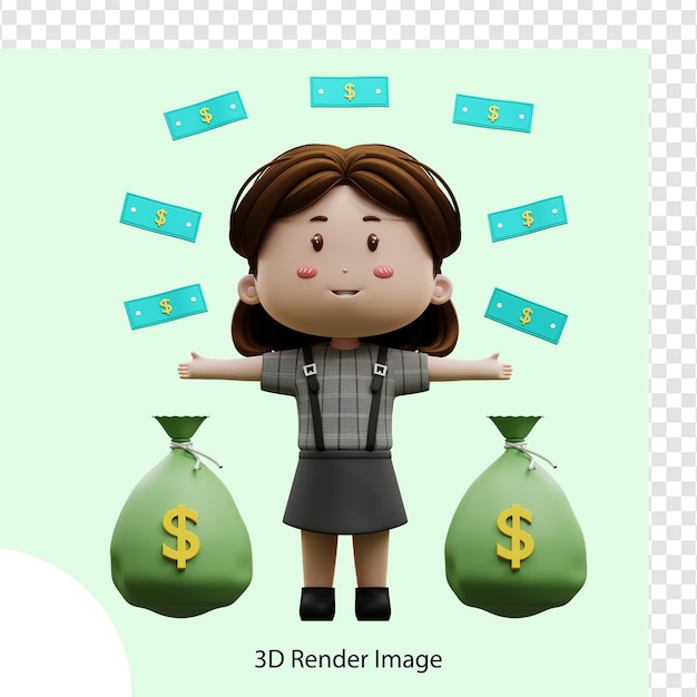 PSD 3d ilustracja kreskówka bizneswoman z pieniędzmi dolara
