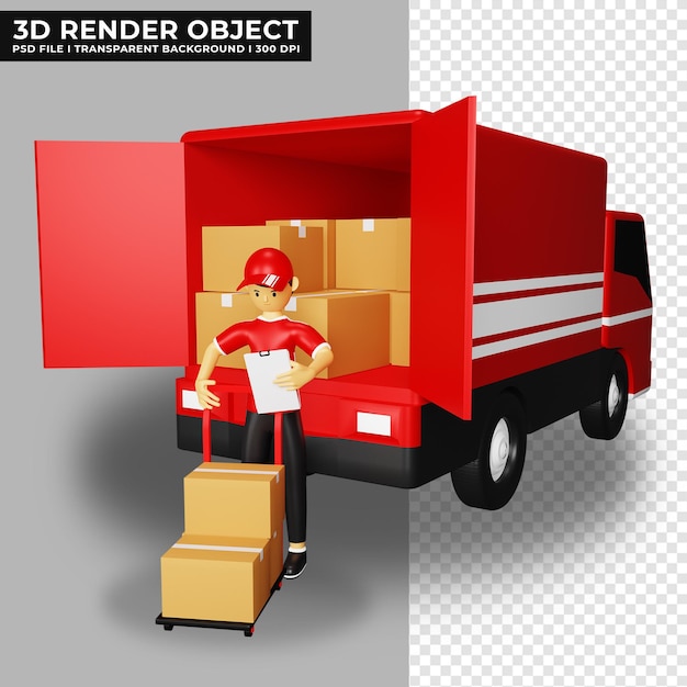 3d ilustracja kreskówka kurier usługi dostawy gotowy do dostarczenia przesyłki paczki ciężarówką