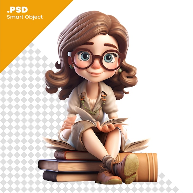 PSD 3d ilustracja małej dziewczynki siedzącej na stosie książek szablon psd